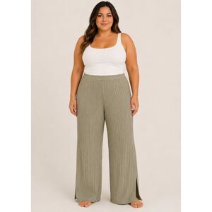 Secret Treasures Ribbed Knit Pants Women’s 2X Green Wide Leg Slit Hem Stretch